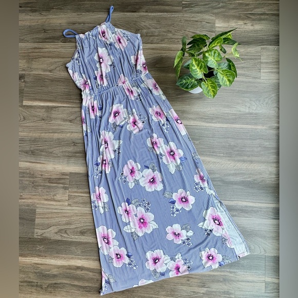Rumi + Ryder Girls Maxi Dress Blue Stripe Floral Print Spaghetti Strap Size L - Picture 1 of 10